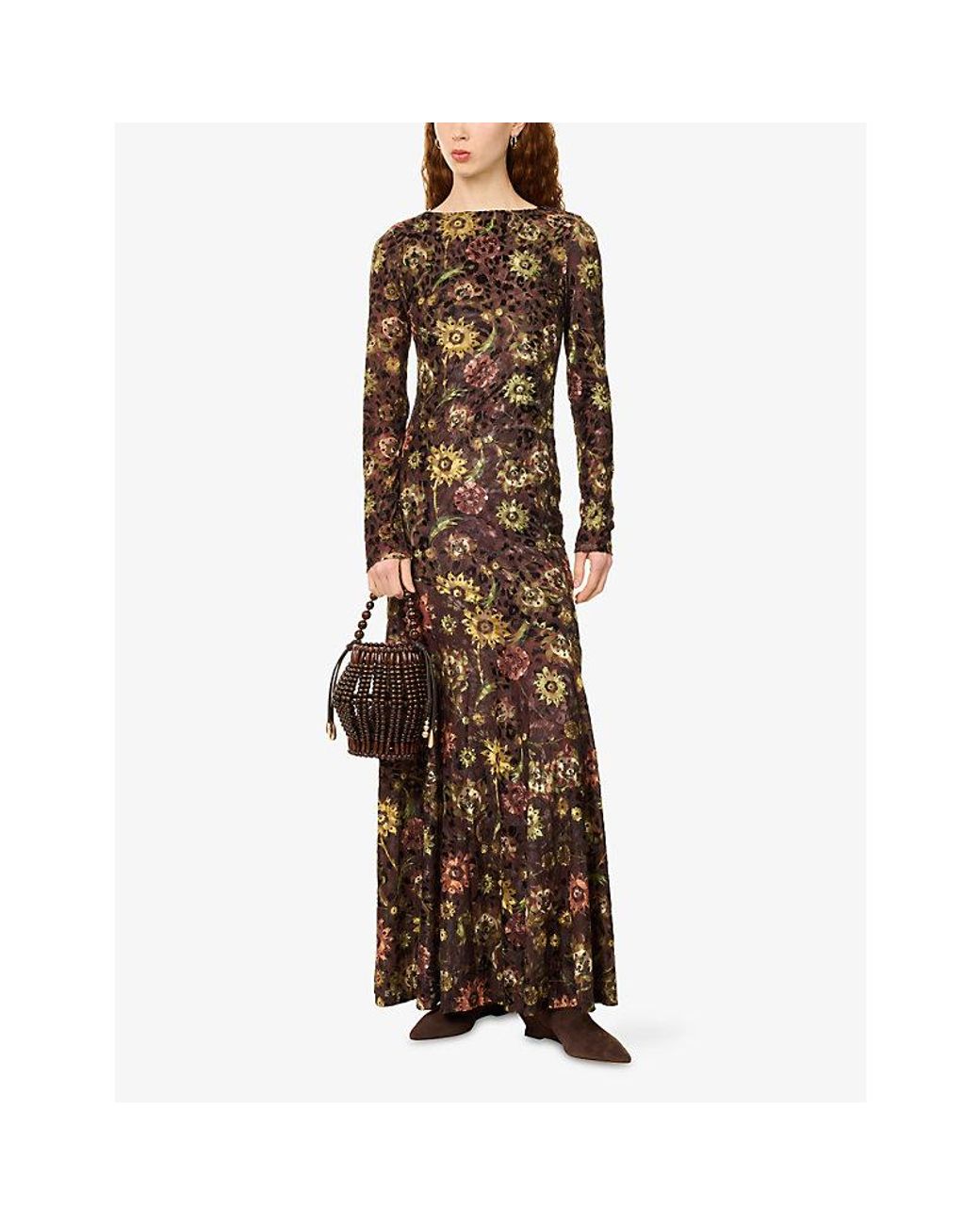 Siedres Brown Alin Floral-Pattern Mesh Maxi Dress