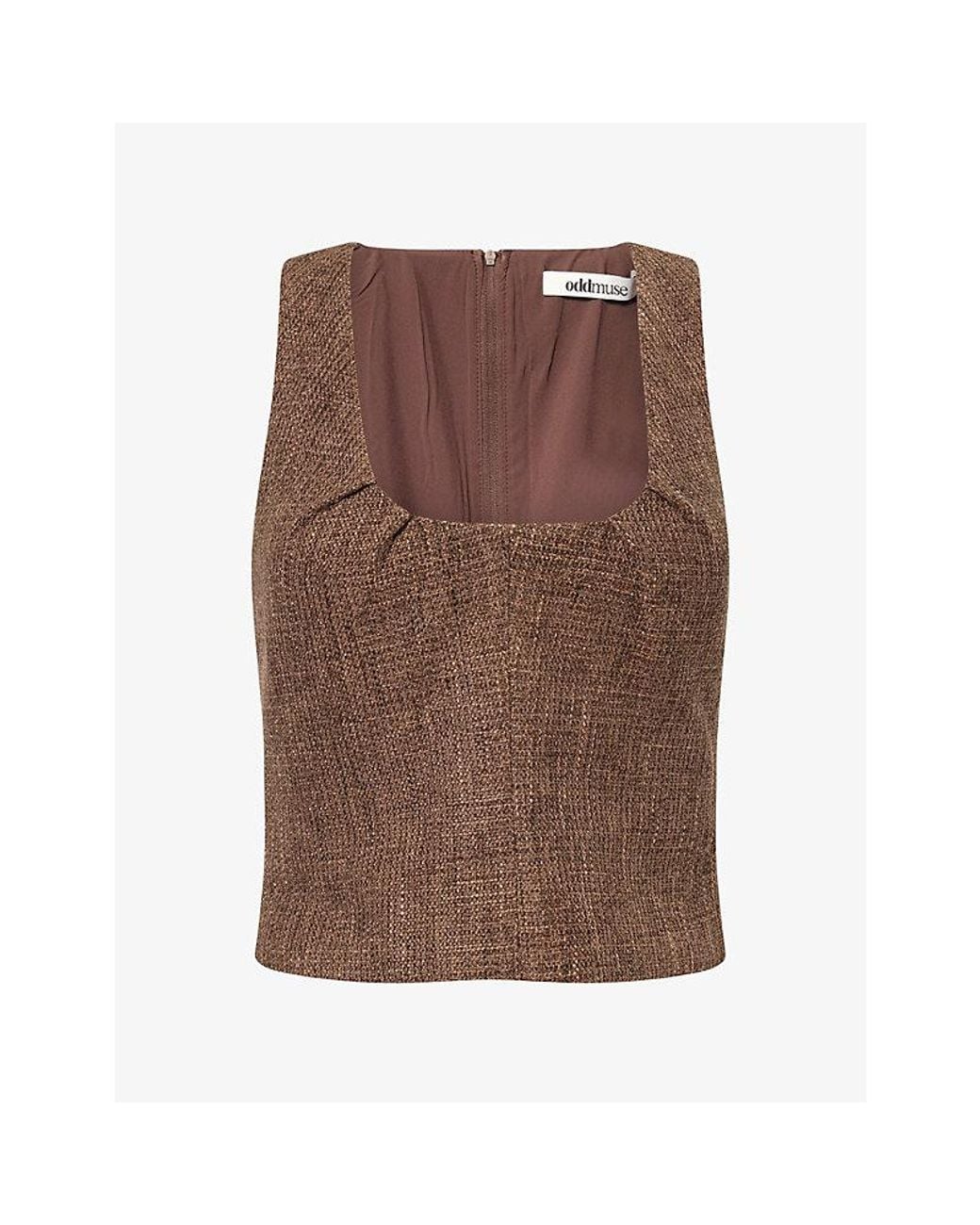 Odd Muse Brown Ruched Scoop-Neck Tweed Woven Top
