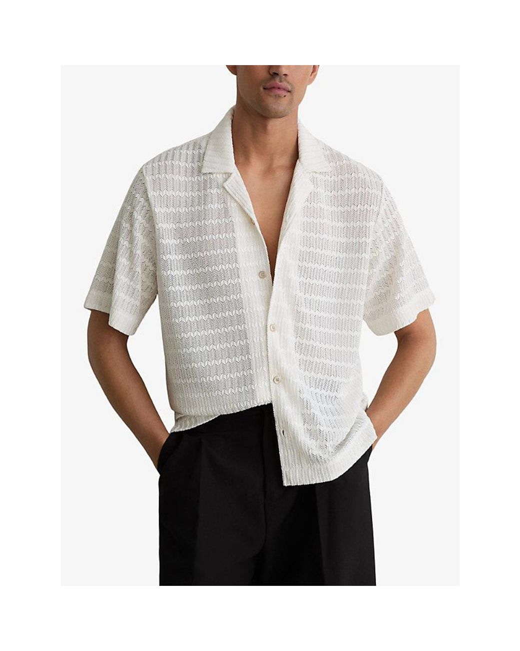 Reiss White Sid Short-Sleeved Crochet Shirt for men