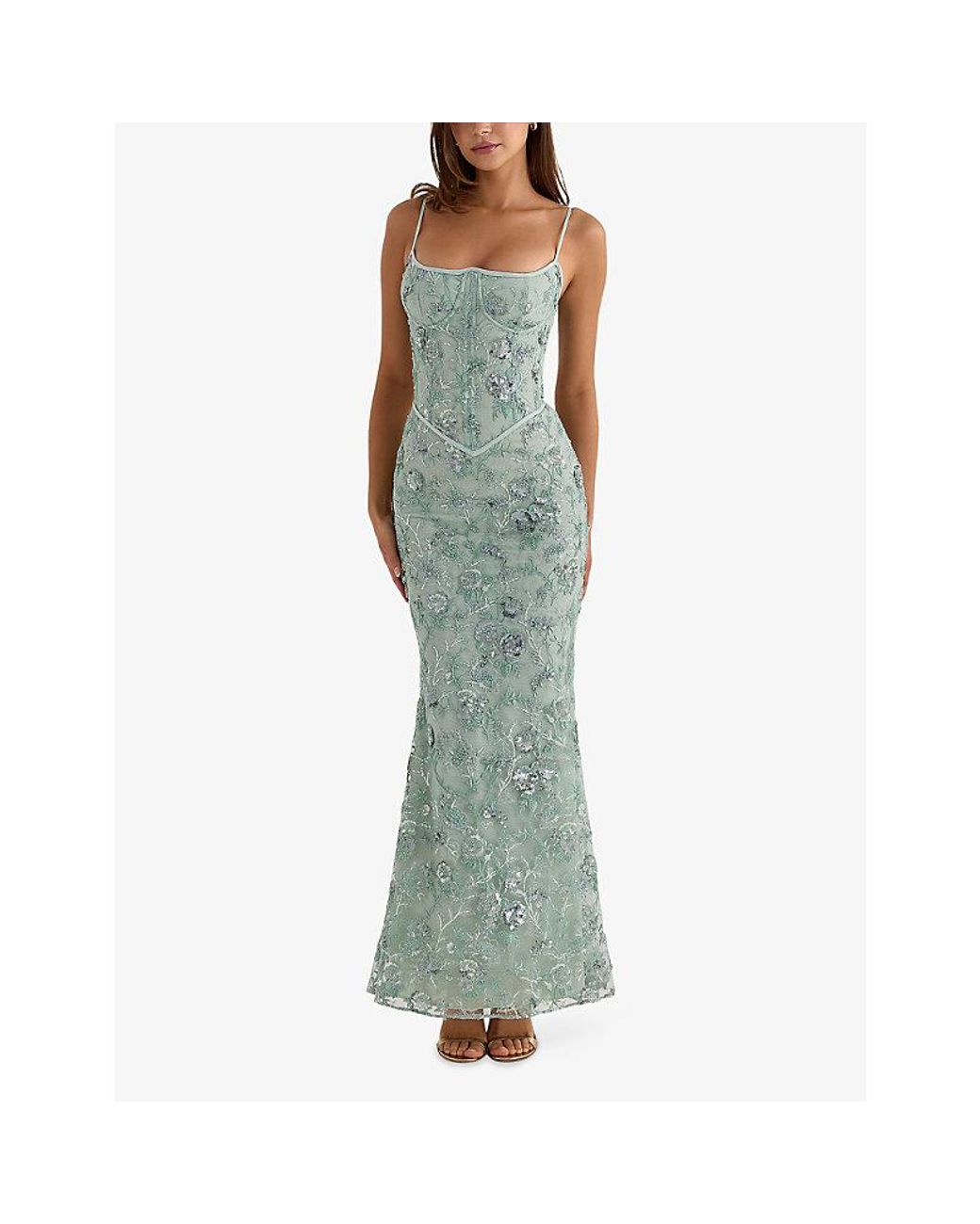 House Of Cb Green Naima Embellished Mesh Maxi Dress