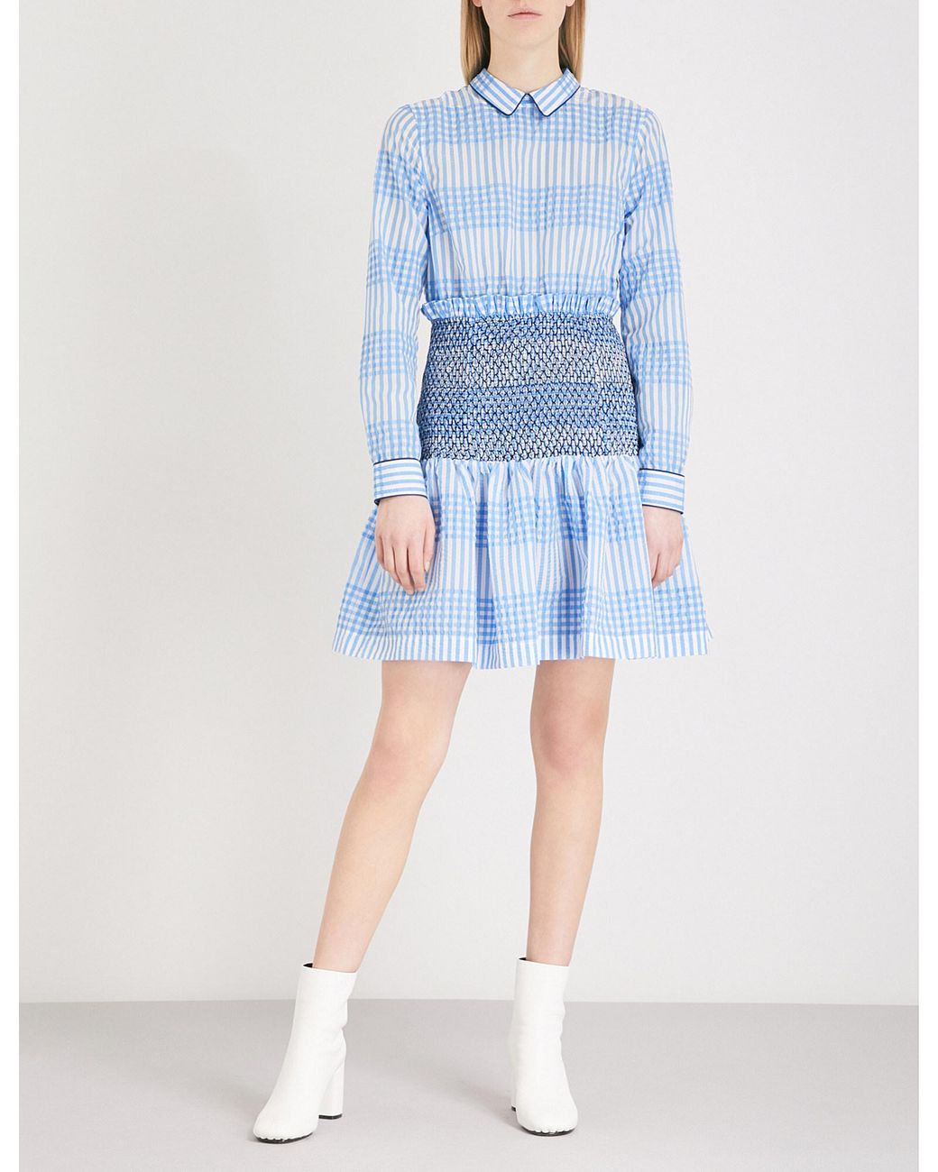 Ganni Charron Smocked Checked Cotton-blend Dress in Blue | Lyst