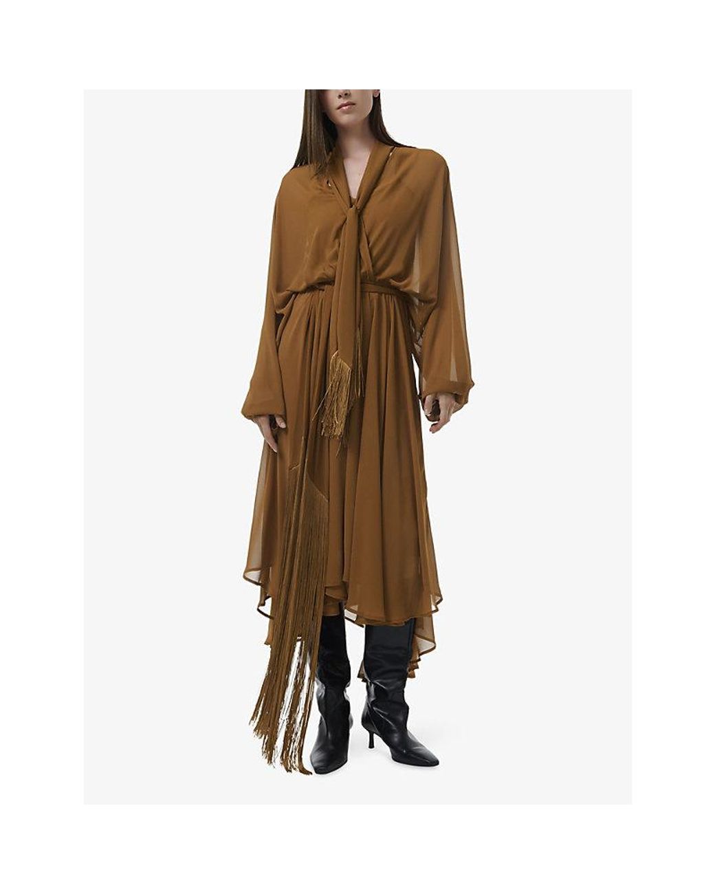 eem Brown Fringed-Trim Woven Midi Dress