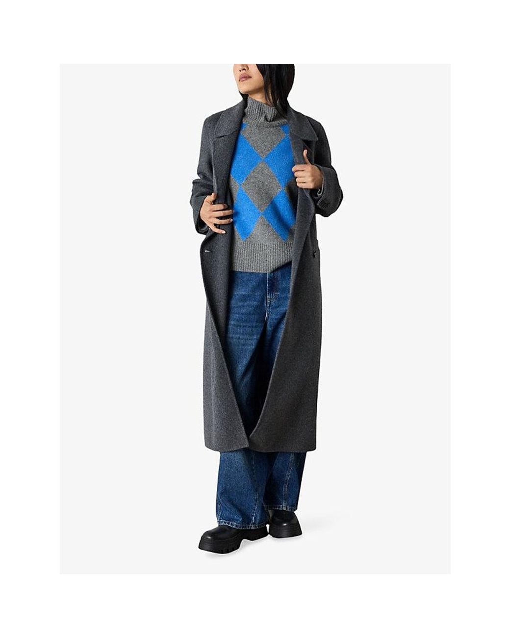 Whistles Blue Argyle Detail High-Neck Wool-Blend Jumper