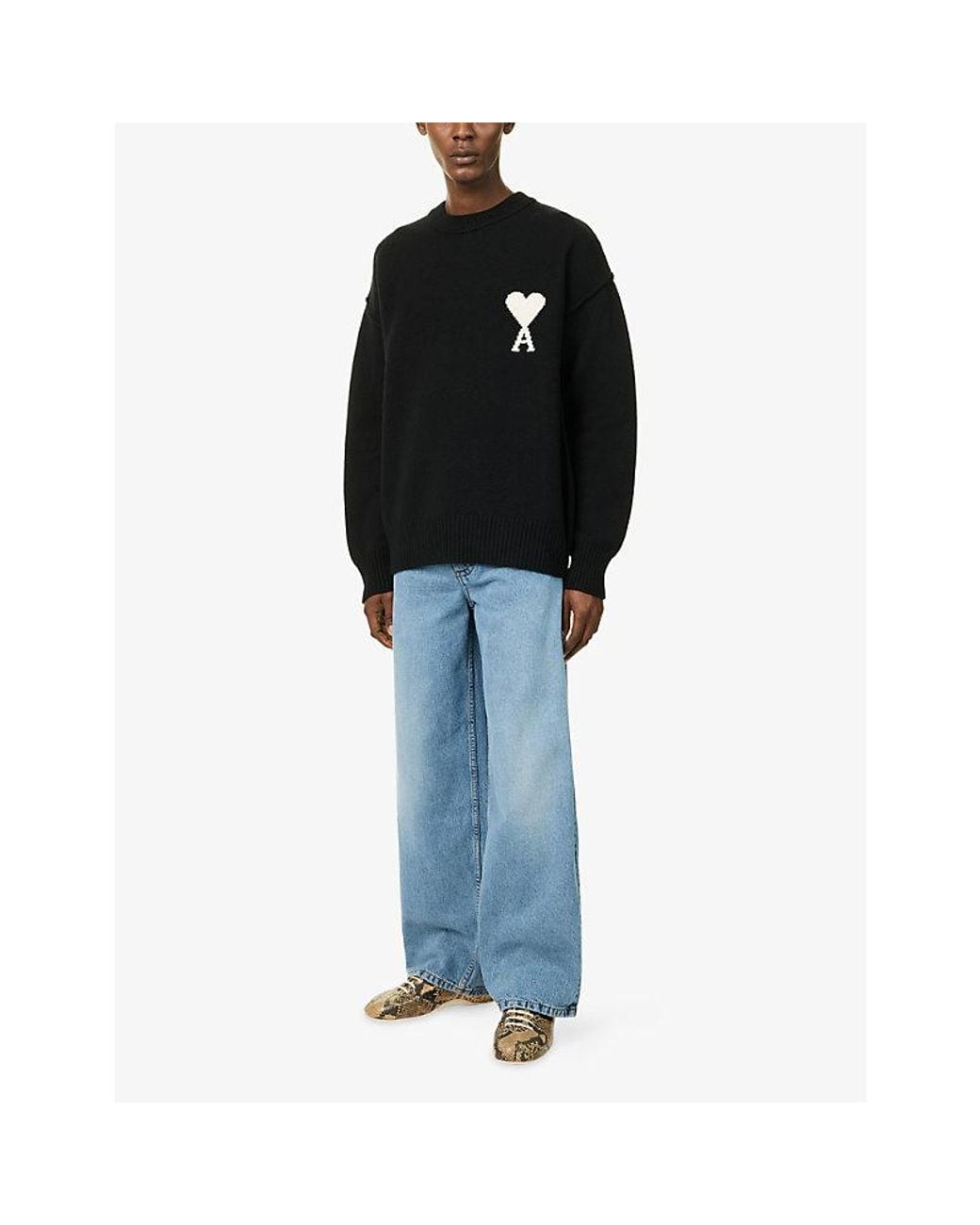 AMI Blue Contrast Intarsia-Logo Wool Jumper for men