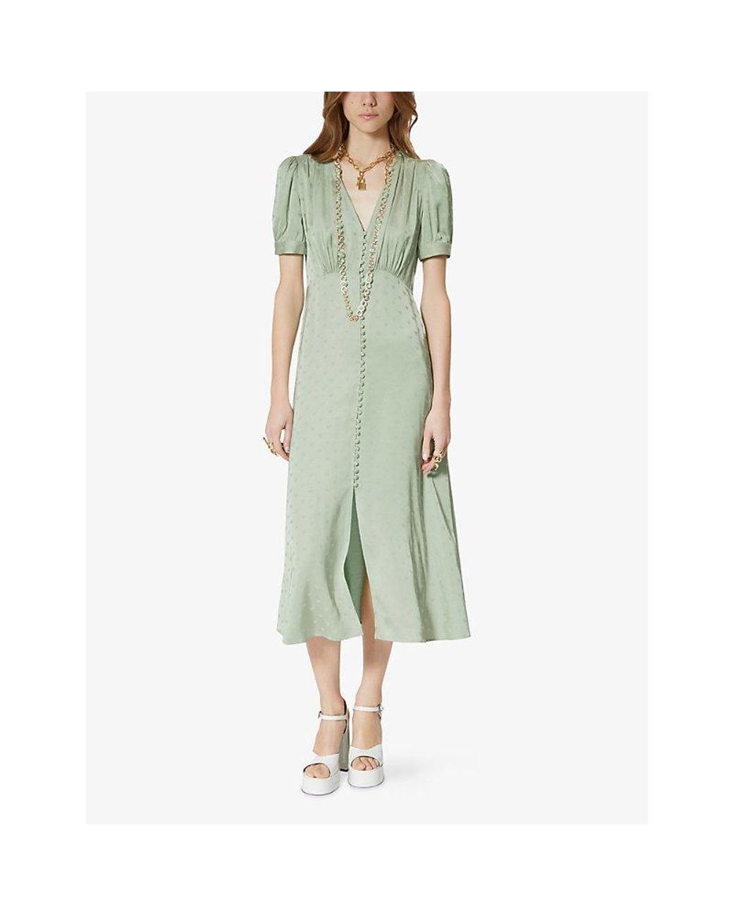 The Kooples Green Jacquard-Heart Short-Sleeve Satin Midi Dress