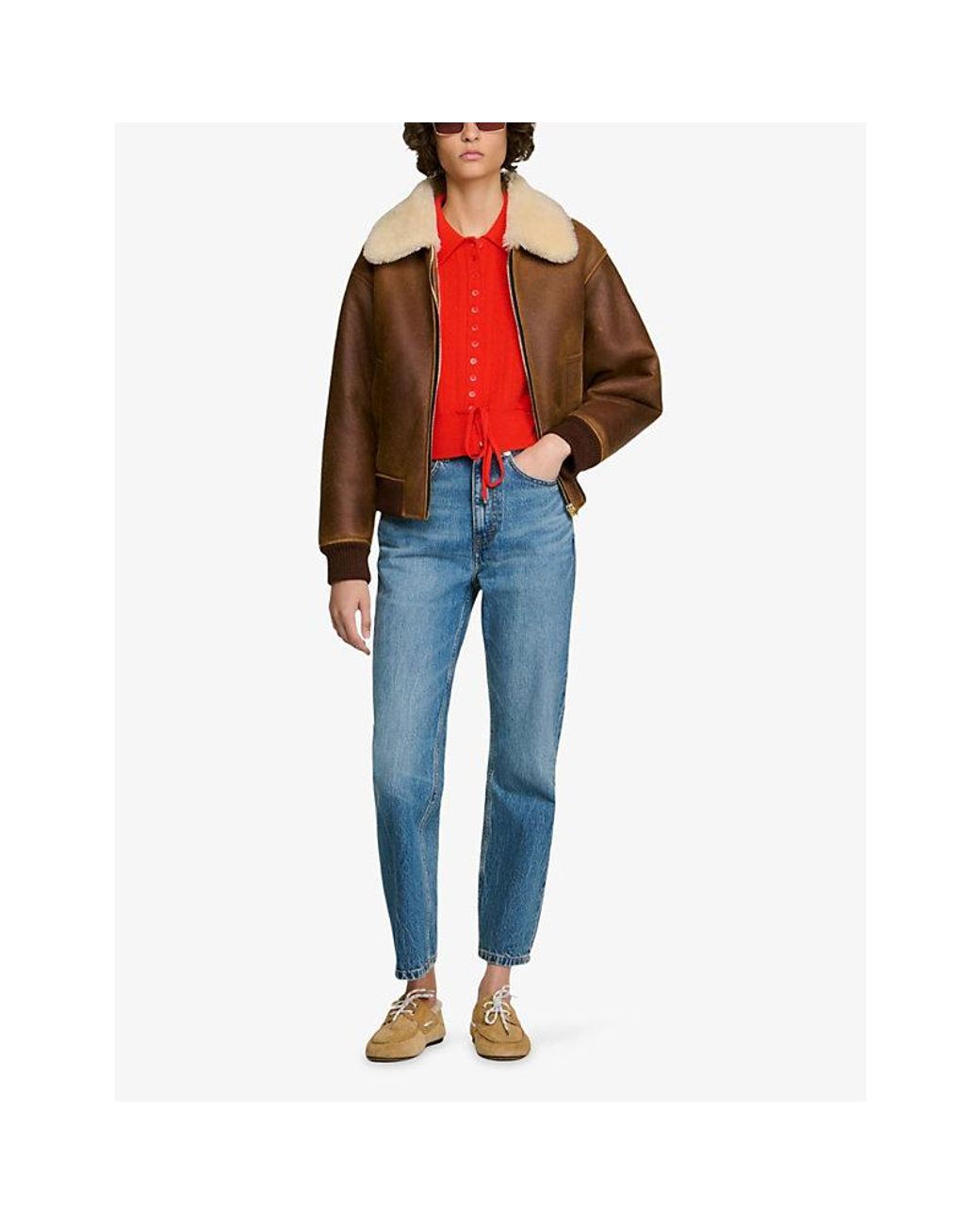 Sandro Red Pointelle-Knit Tie-Waist Wool-Blend Cardigan