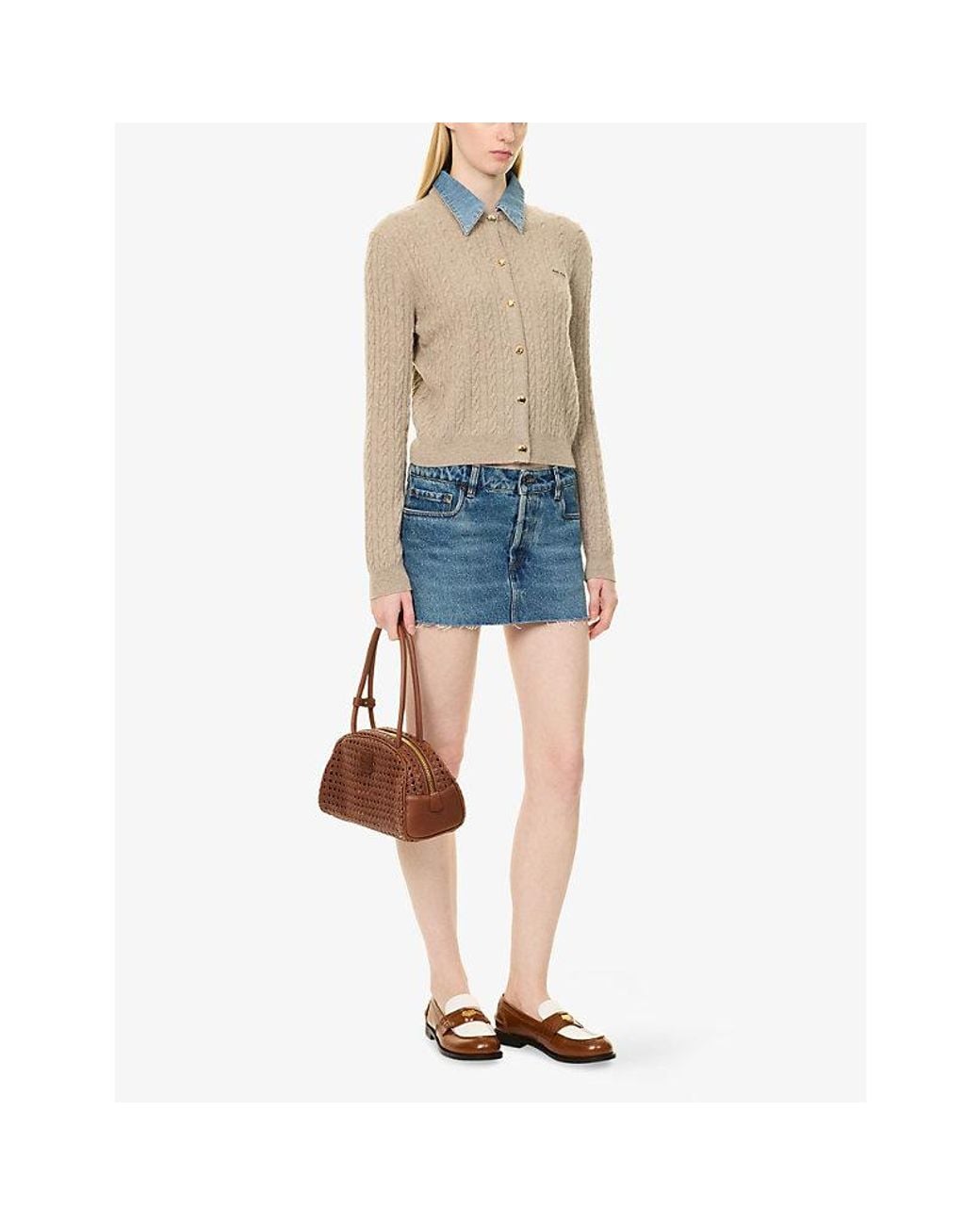 Miu Miu Natural Contrast-Collar Wool And Cashmere-Blend Cardigan