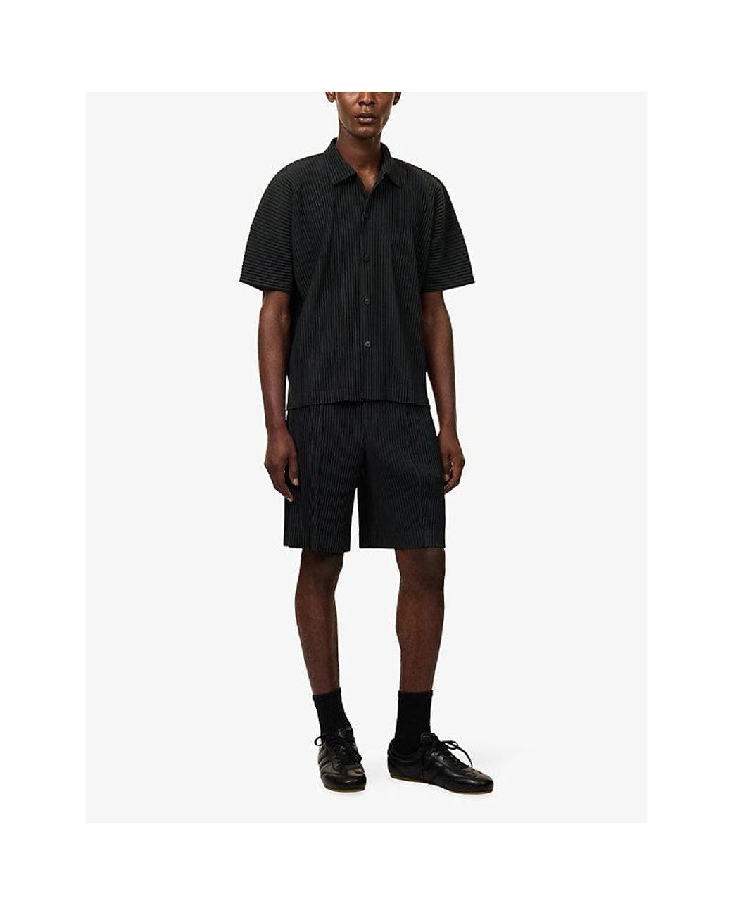 Homme Plissé Issey Miyake Black Camp-Collar Pleated Knitted Shirt for men