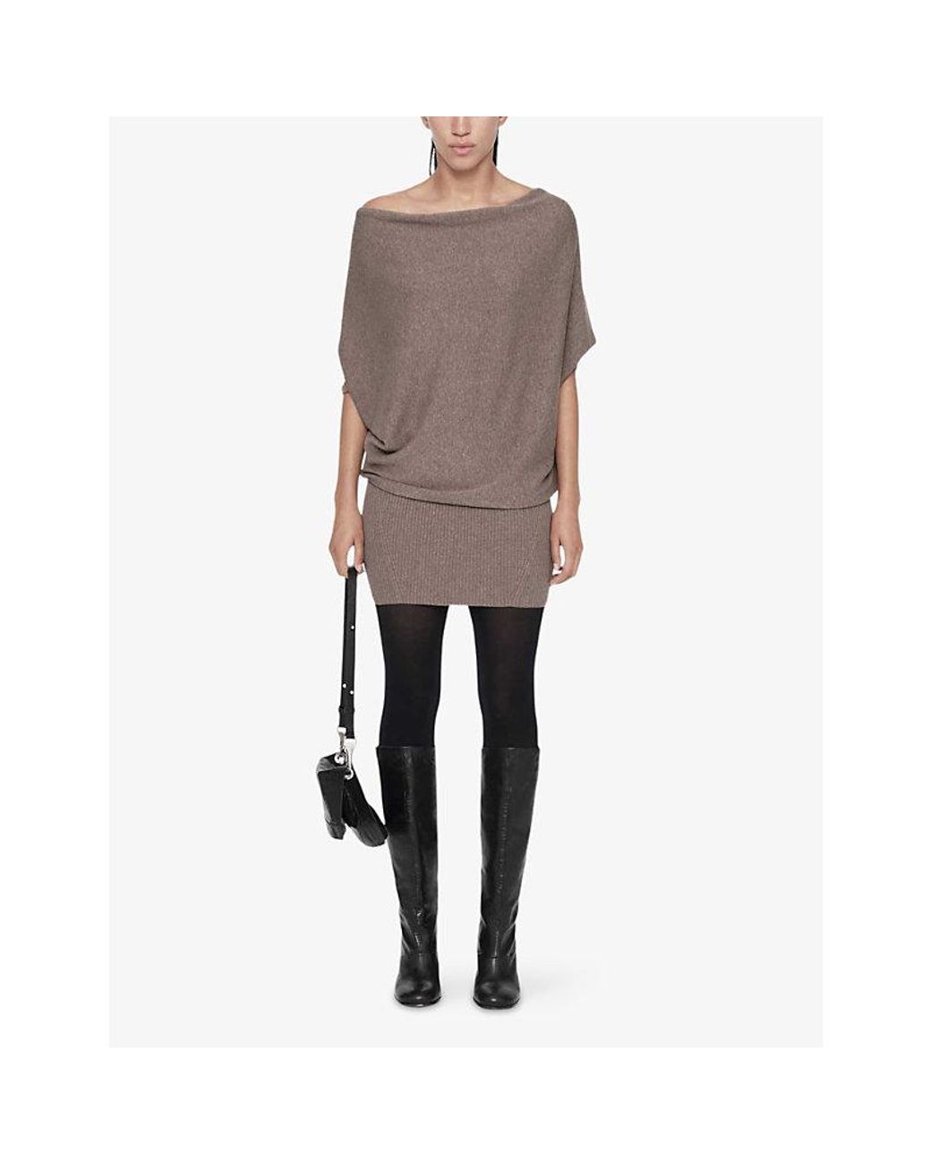 AllSaints Brown Ellie Asymmetric Cotton-Knit Mini Dress