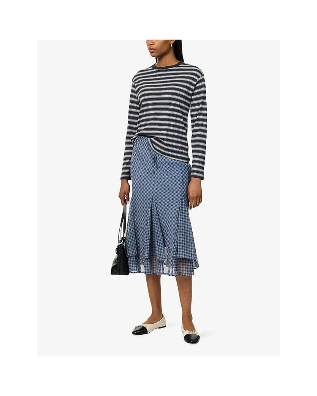 Damson Madder Blue Rida Check-Print Crepe Midi Skirt