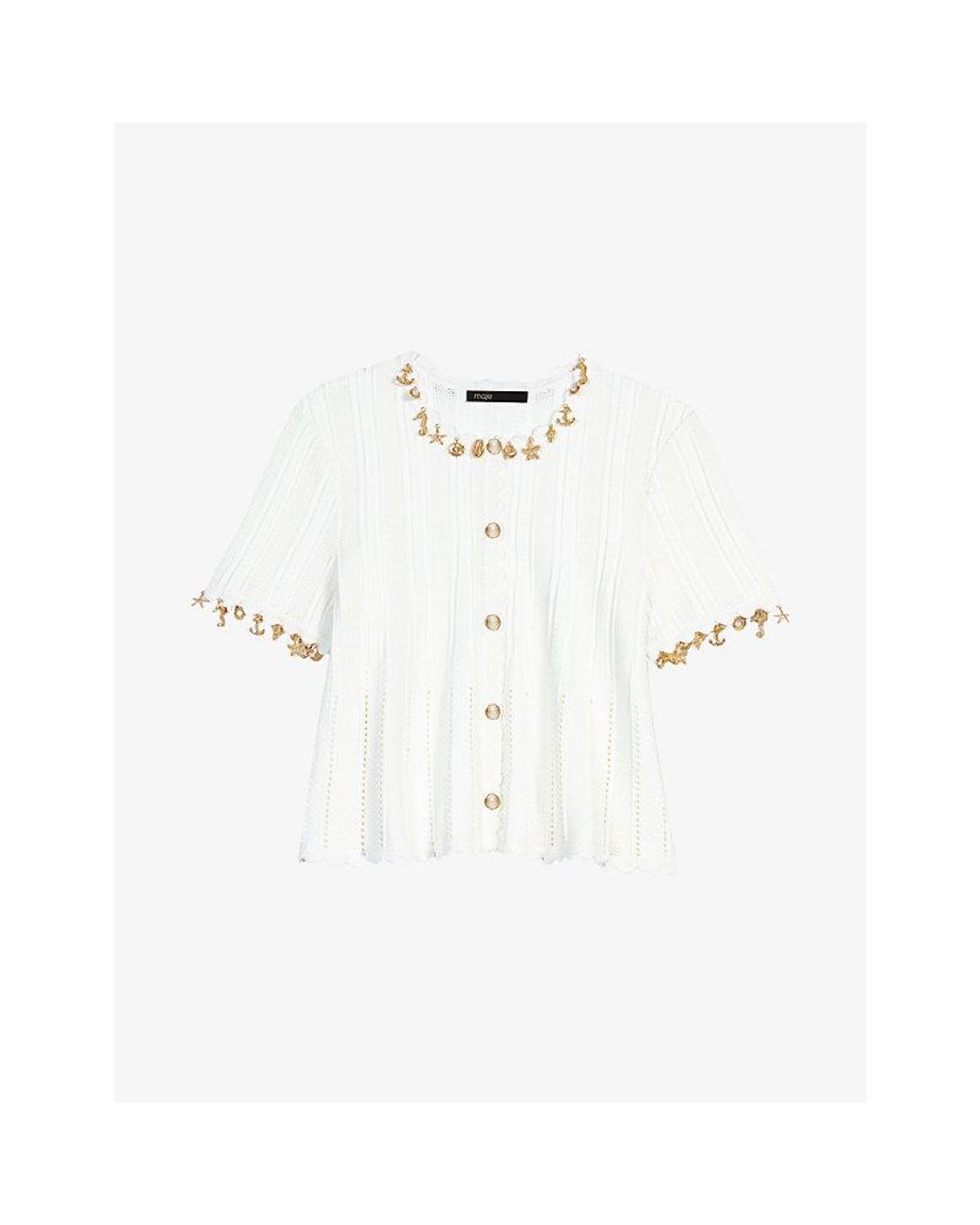 Maje White Charm-Embellished Knitted Cotton-Blend Cardigan