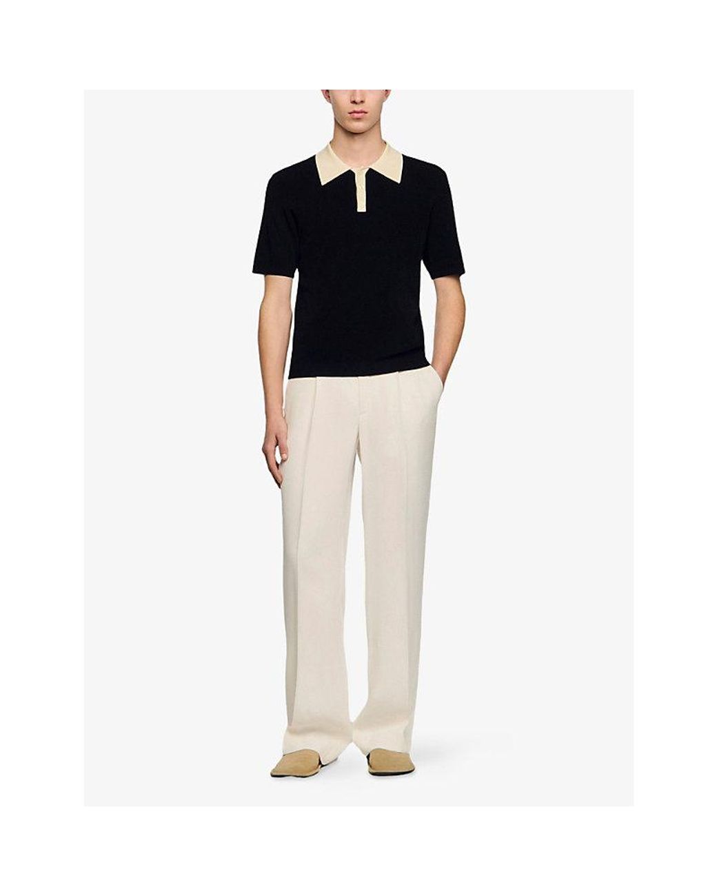 Sandro Black Contrast-Collar Stretch-Knit Polo Shirt for men