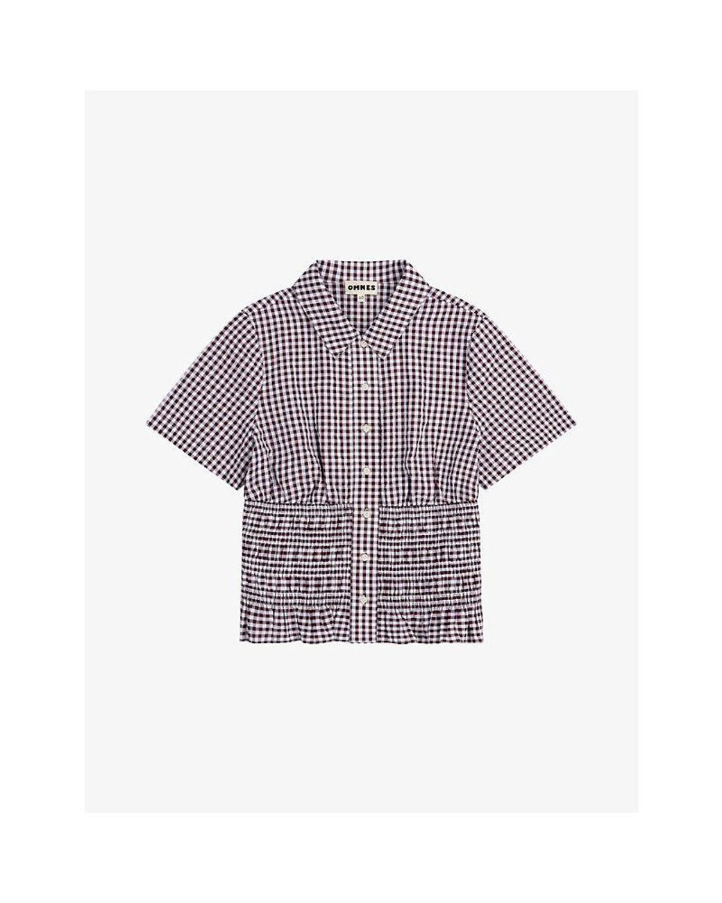 OMNES Purple Merida Gingham Shirred-Panel Short-Sleeve Cotton Blouse
