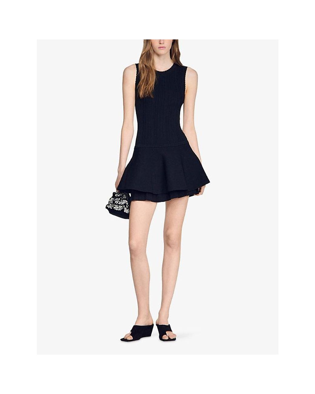 Sandro Black Ruffle-Hem Knitted Mini Dress