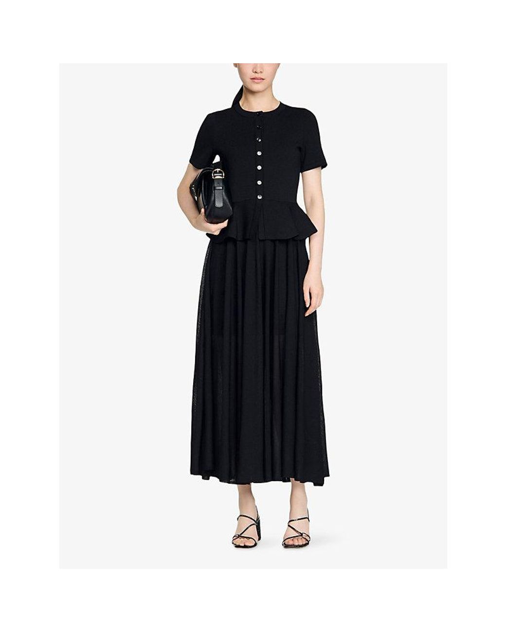 Sandro Black Peplum Short-Sleeved Knitted Maxi Dress