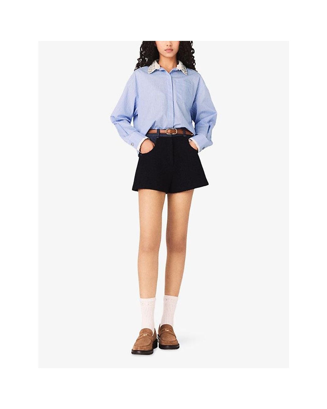 Maje Blue Striped Detachable-Collar Cotton Shirt