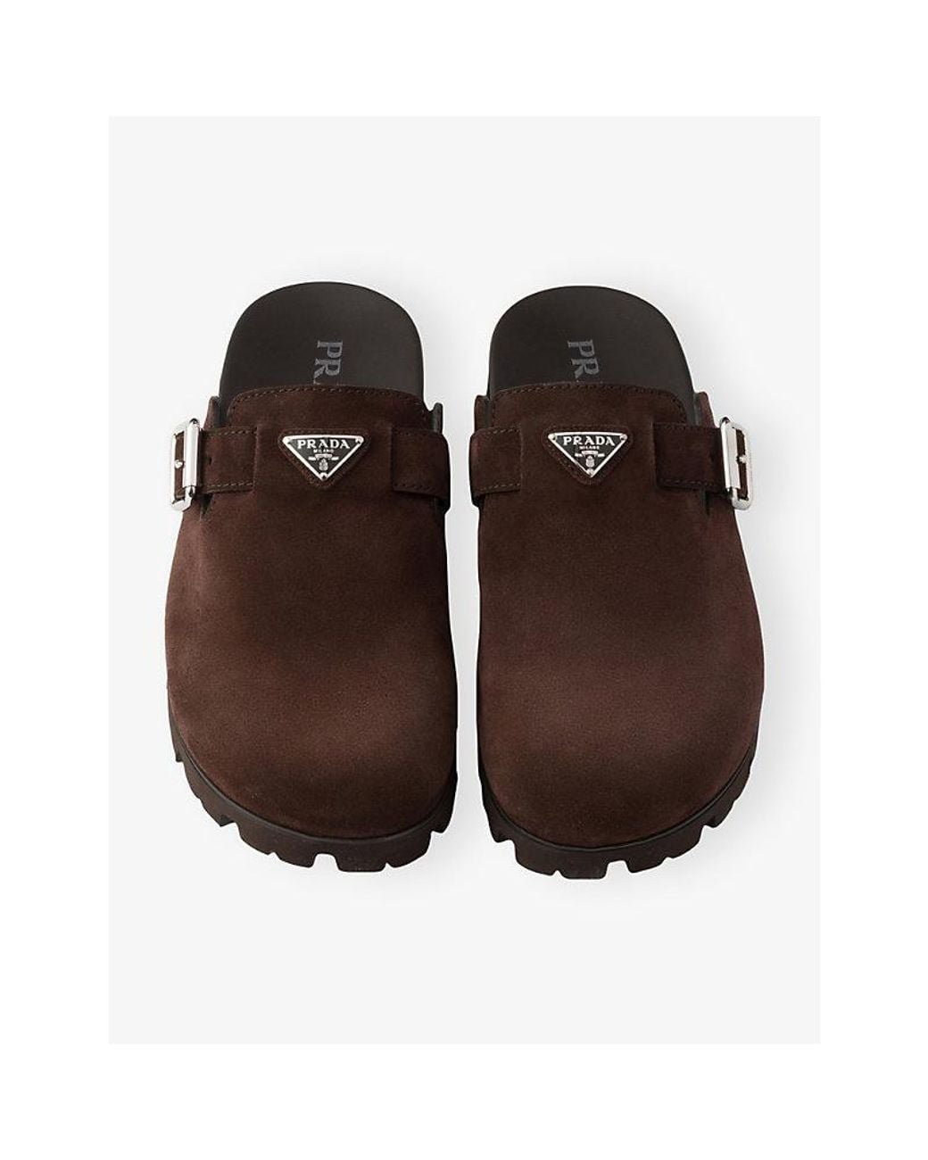 Prada Brown Logo-Plaque Suede Mules for men