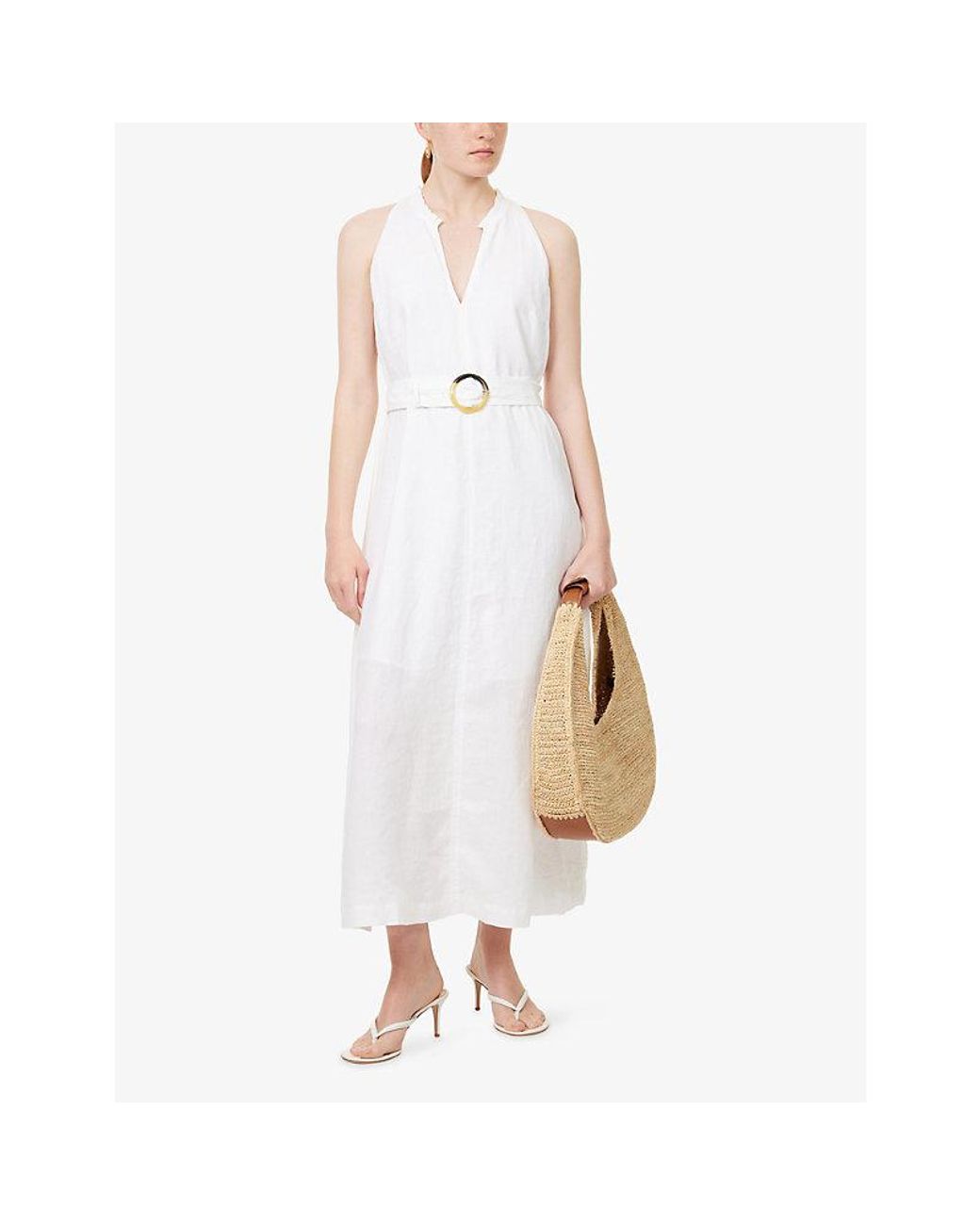Heidi Klein White Bay Belted Linen Midi Dress