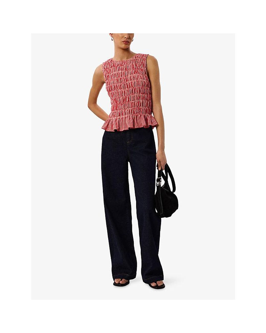 Whistles Gingham-Print Shirred Woven Top