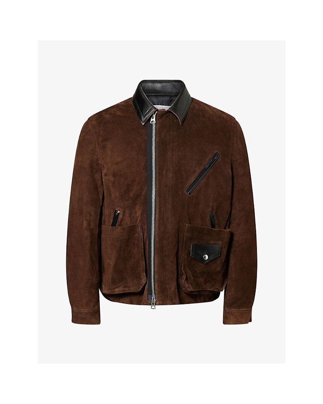 Sacai Brown Contrast-Collar Suede Jacket for men