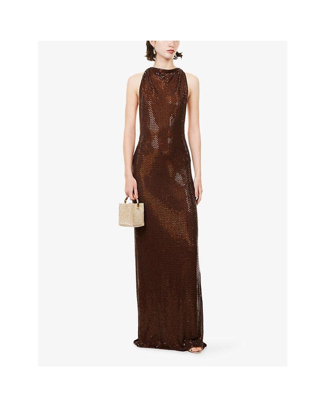 Self-Portrait Brown Racer-Back Rhinestone-Embellished Maxi Dress