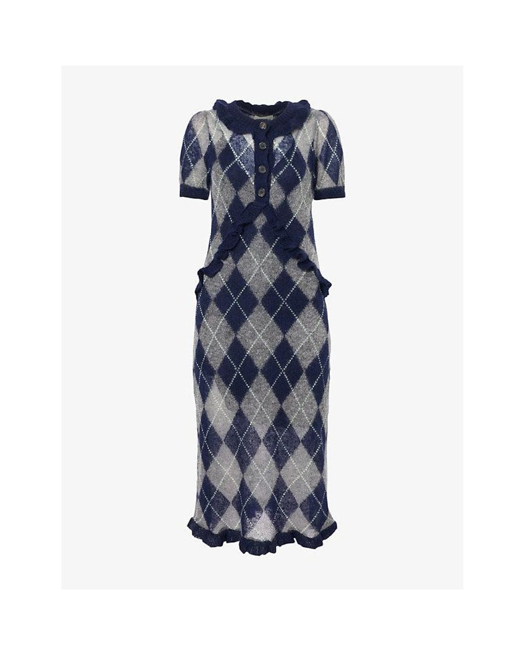 ShuShu/Tong Blue Argyle-Knit Short-Sleeve Wool-Blend Midi Dress