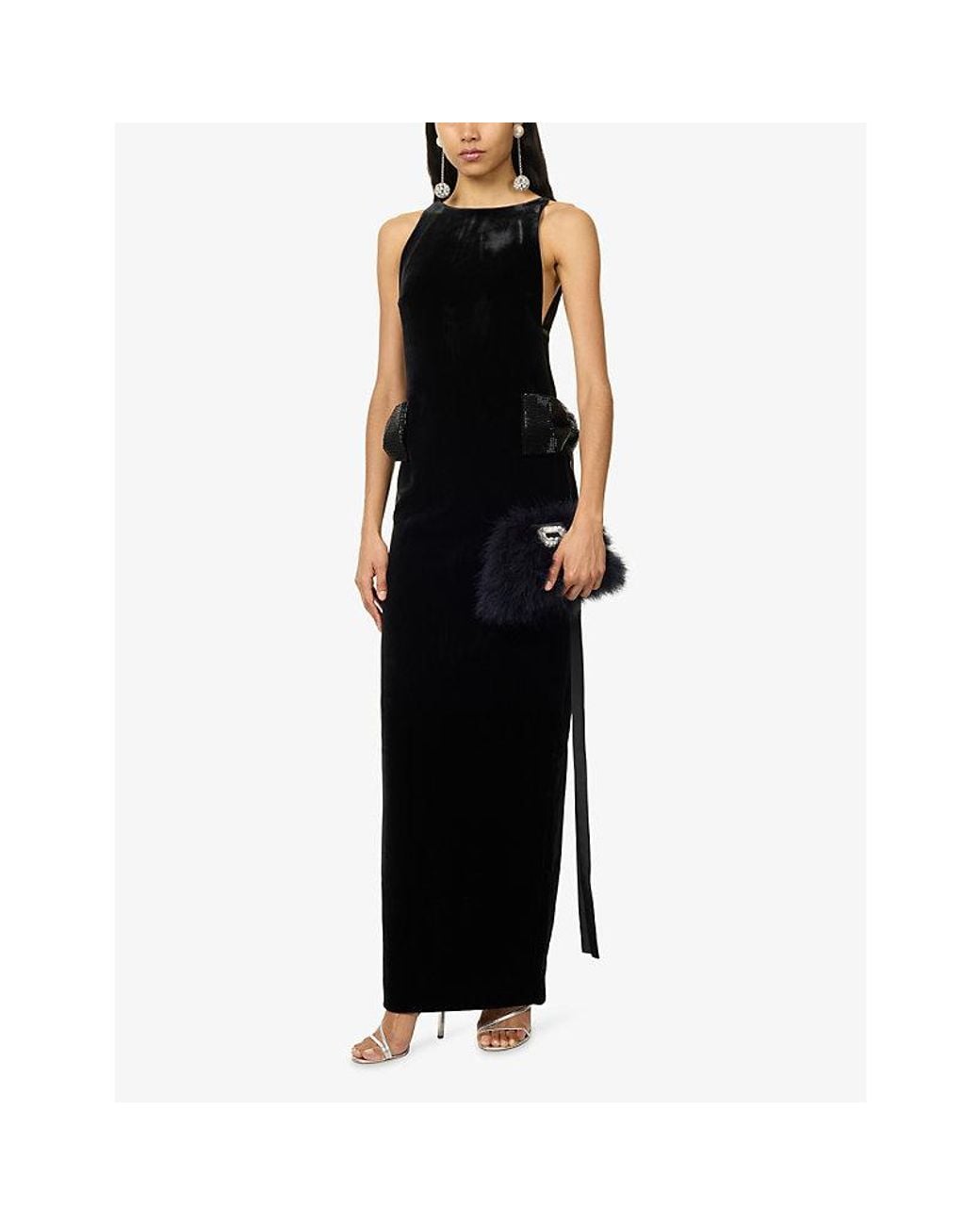 Self-Portrait Black Embellished Bow Velvet Maxi Dress