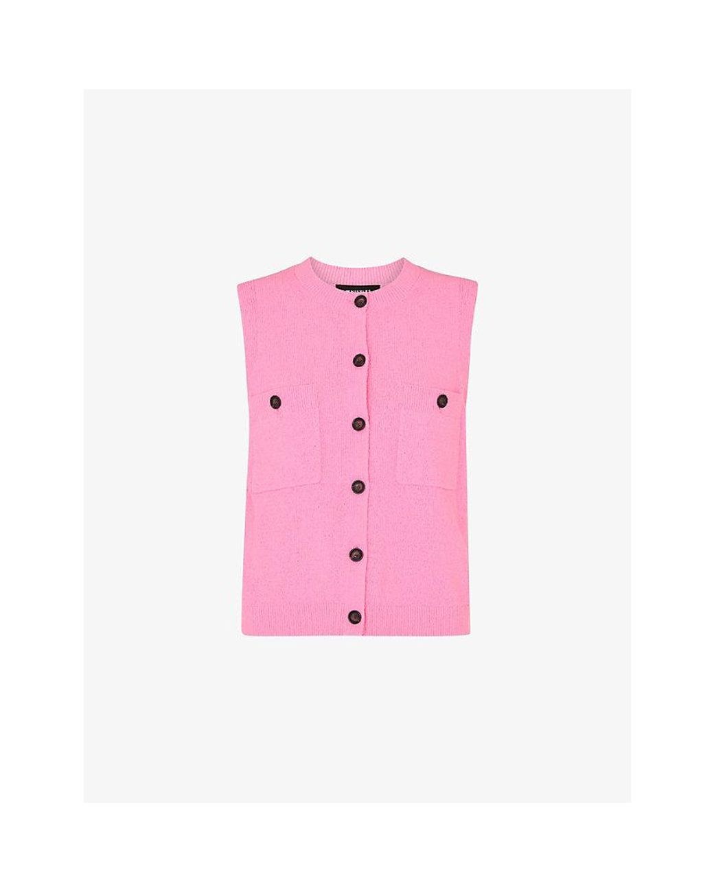 Whistles Pink Round-Neck Button-Down Textured Cotton-Blend Tank