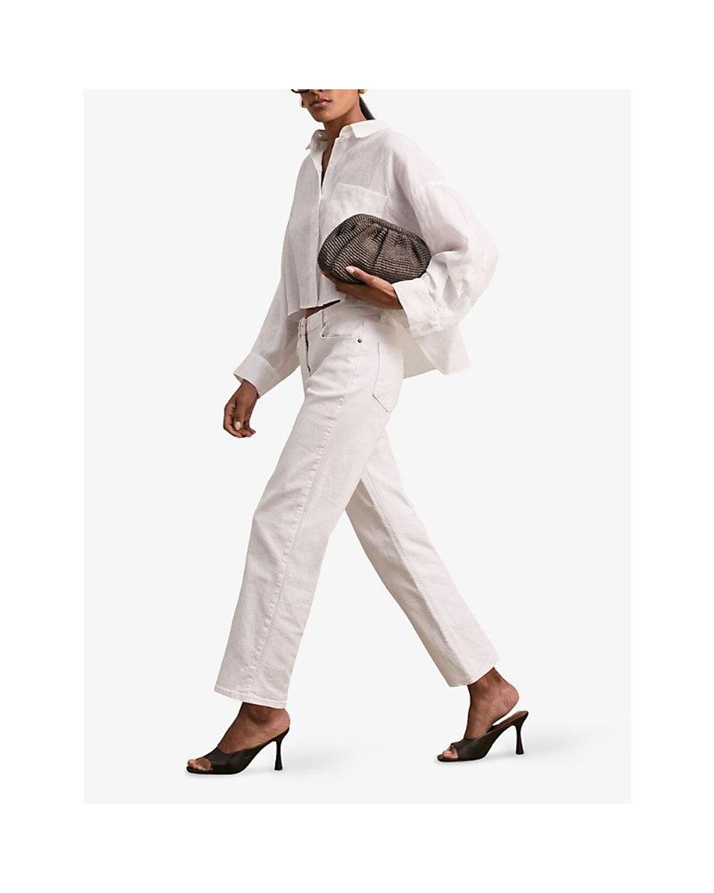 Reiss White Solena Cropped Linen Shirt