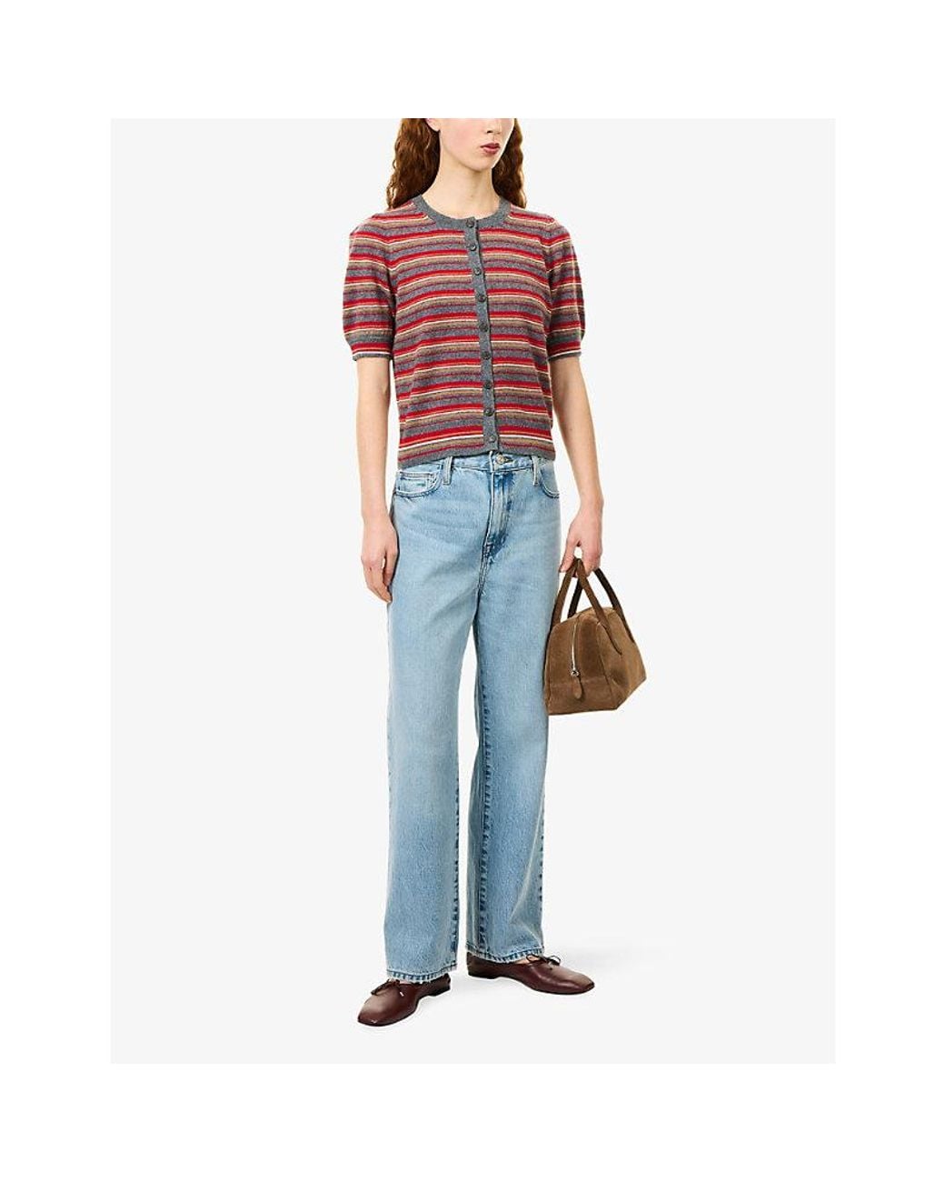ME+EM Red Striped Buttoned Cashmere Knit Top