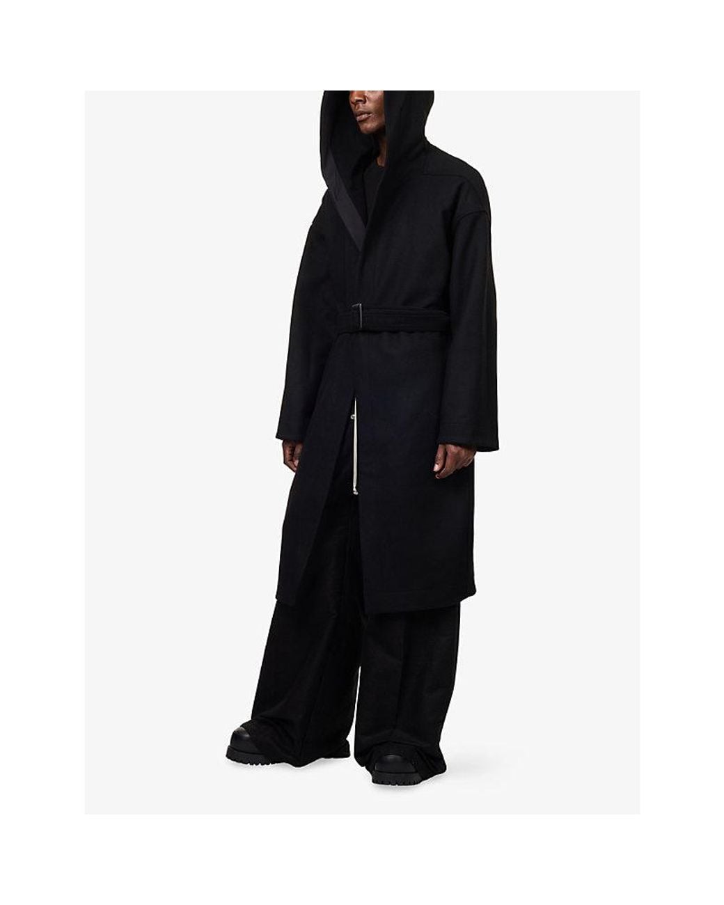 Rick Owens Black Tower Belted Wool Coat for men