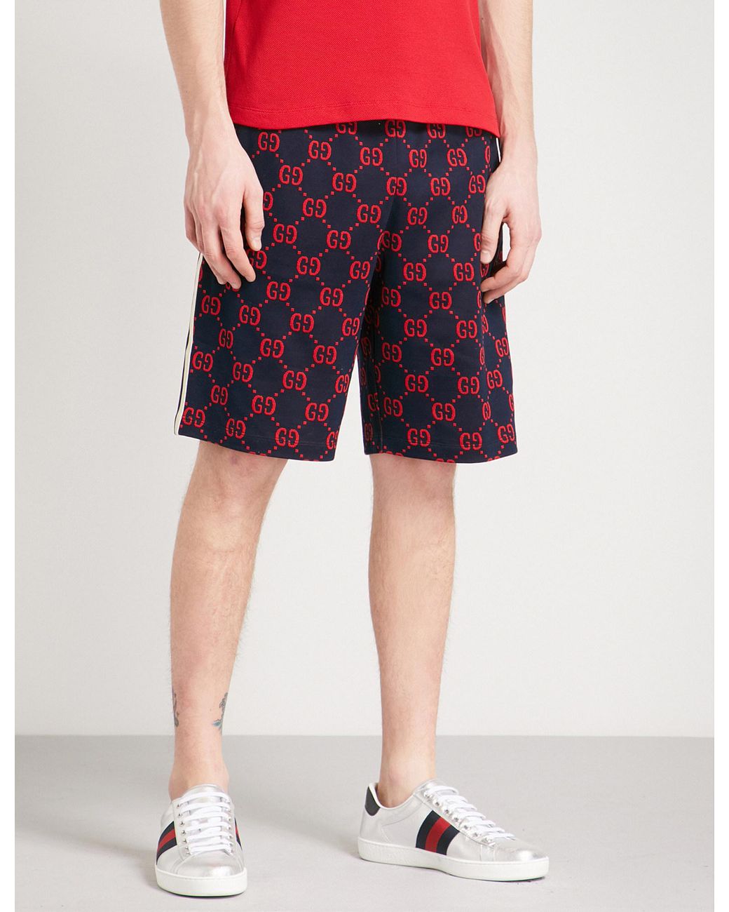 Gucci Logo Intarsia Cotton-jersey Shorts in Navy Red (Blue) for Men | Lyst