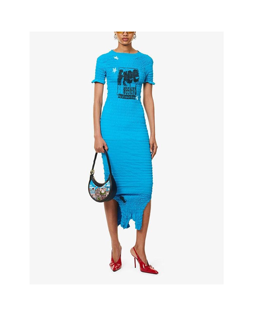 Conner Ives Graphic print Shirred Cotton jersey Midi Dress in Blue Lyst UK