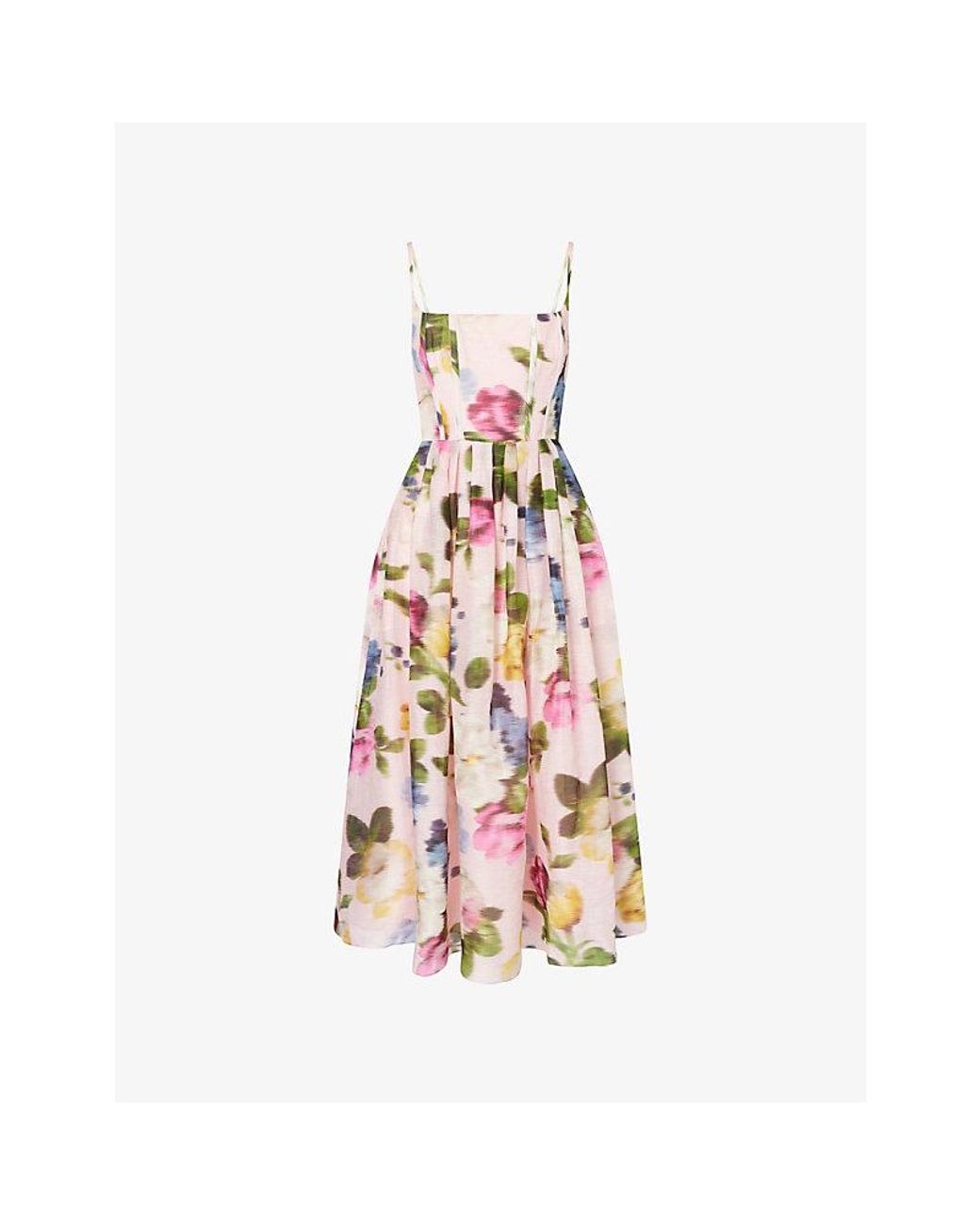 Carolina Herrera Pink Floral-Print Thin-Strap Linen And Silk Midi Dress