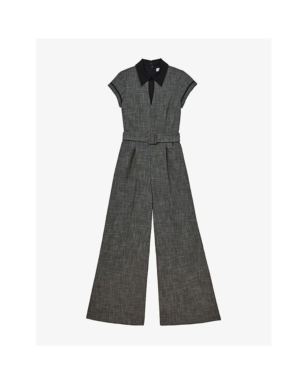 Reiss Gray Bella Collared Wide-Leg Belted Woven Jumpsuit