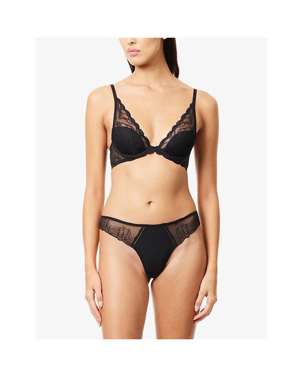Calvin Klein Black Sensual Floral-Embroidered Stretch-Lace Plunge Bra