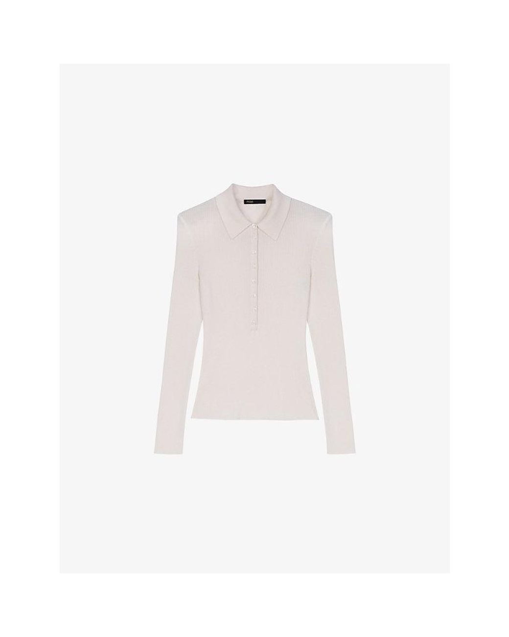 Maje White Polo-Collar Ribbed Wool And Silk Jumper