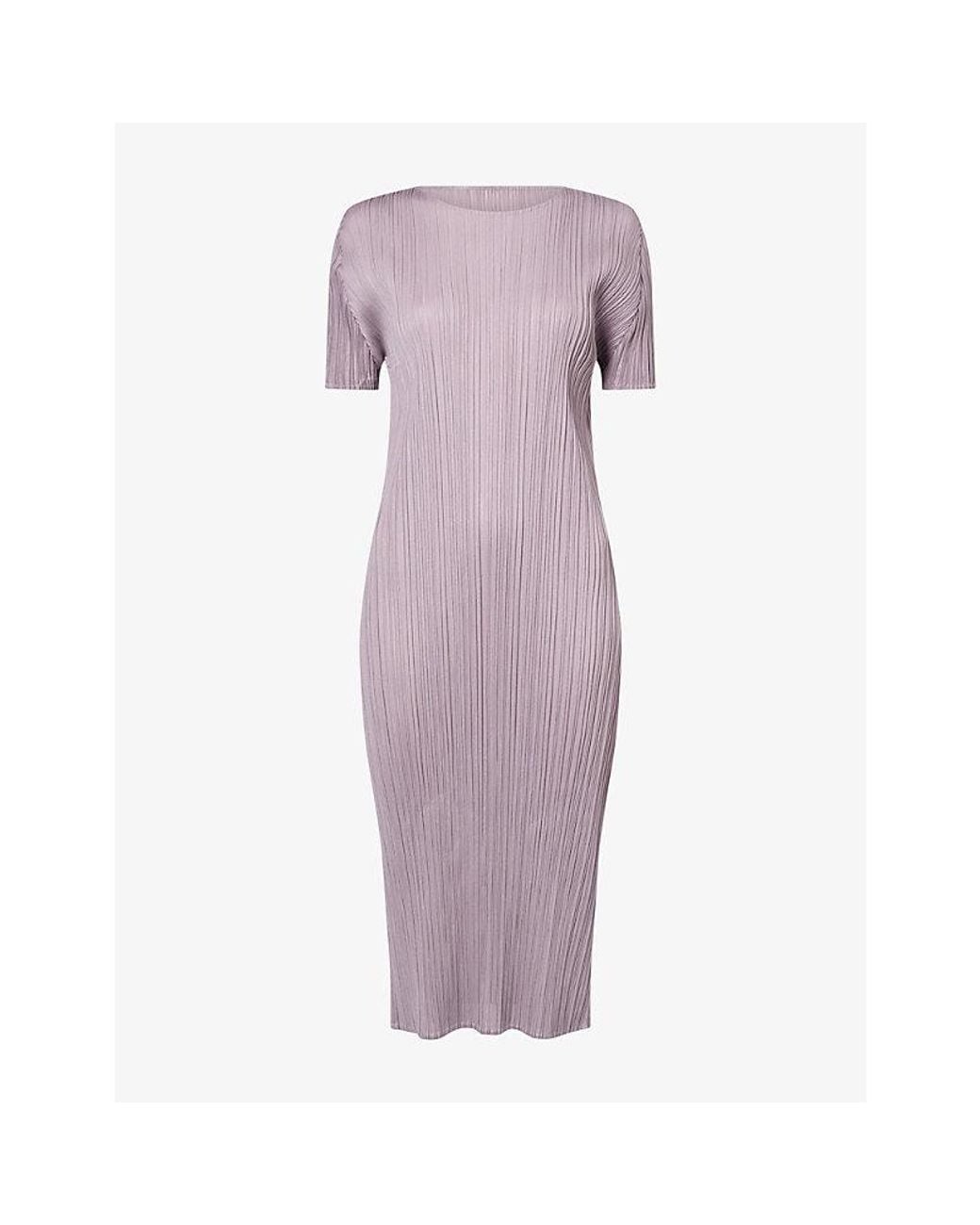 Pleats Please Issey Miyake Purple Short-Sleeve Pleated Knitted Dress