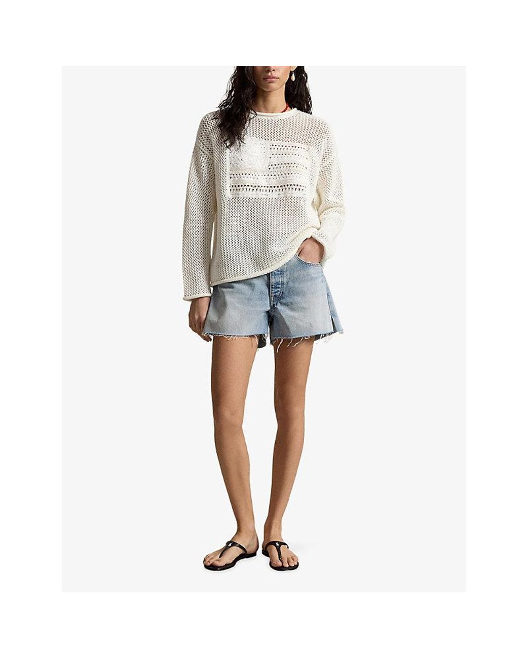 Polo Ralph Lauren White Flag Pointelle-Knit Cotton Jumper