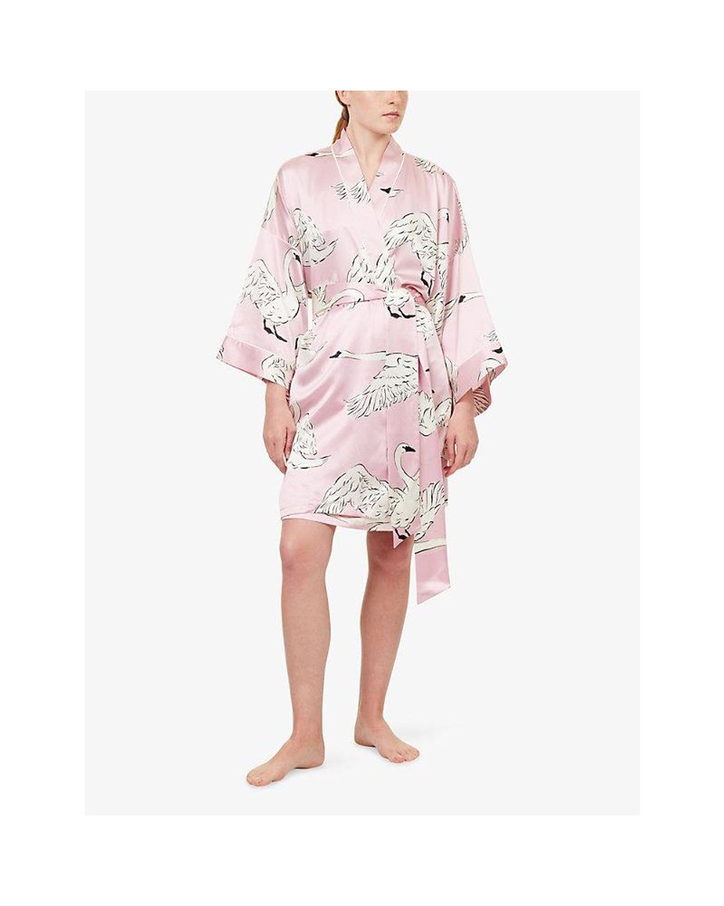 Olivia Von Halle Pink Mimi Swan-Print Silk Robe