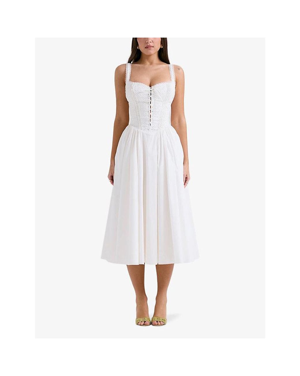 white stretch cotton broderie anglaise midi dress Clothing : Midi Dresses : 'Elia' White Broderie Anglaise Midi Sundress