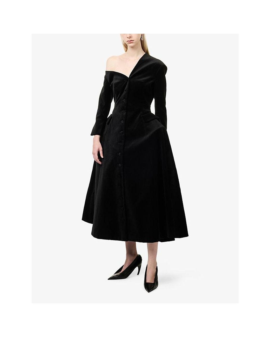 A.W.A.K.E. MODE Black Off-Shoulder Basque Velvet Midi Dress