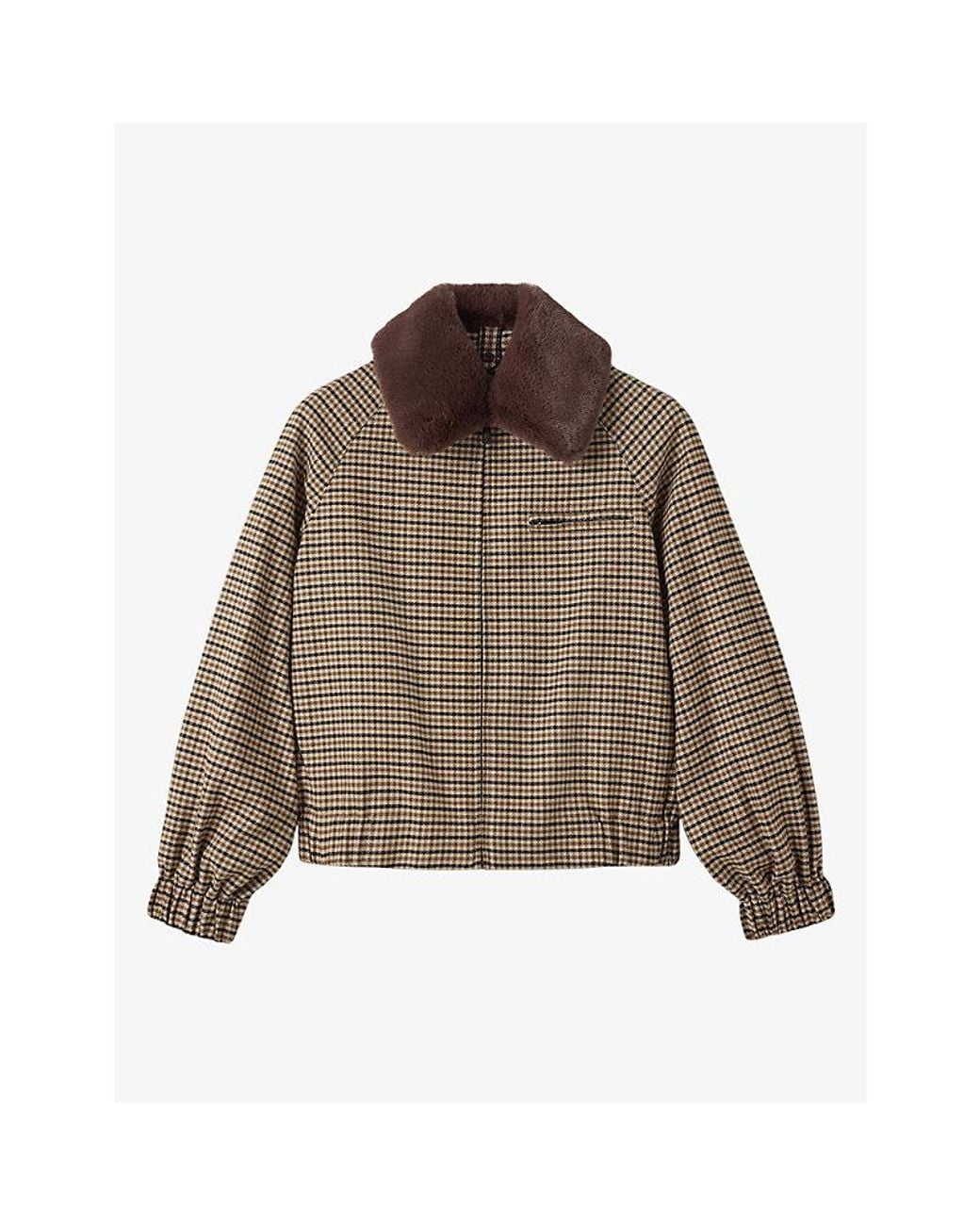 Whistles Brown Faux-Fur Collar Check Cotton Bomber Jacket
