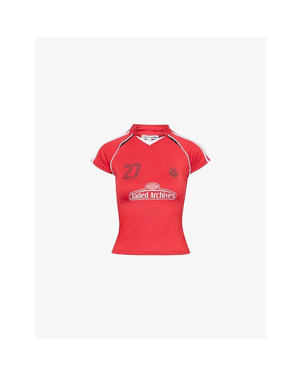 Jaded London Football V-Neck Stretch-Woven T-Shirt in Red