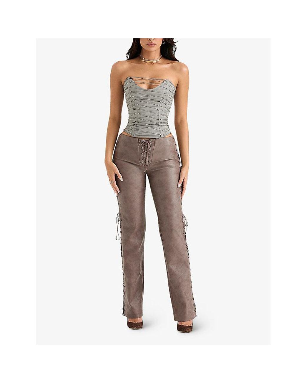 House Of Cb Drew Lace-up Faux-leather Trousers in Grey | Lyst Canada