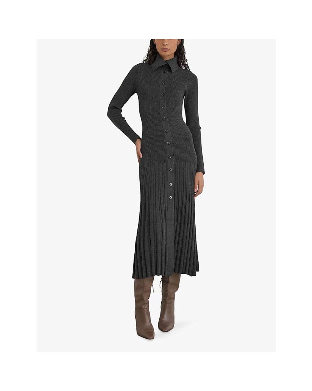 Reiss Black Nova Pleated-Skirt Stretch-Knit Midi Dress