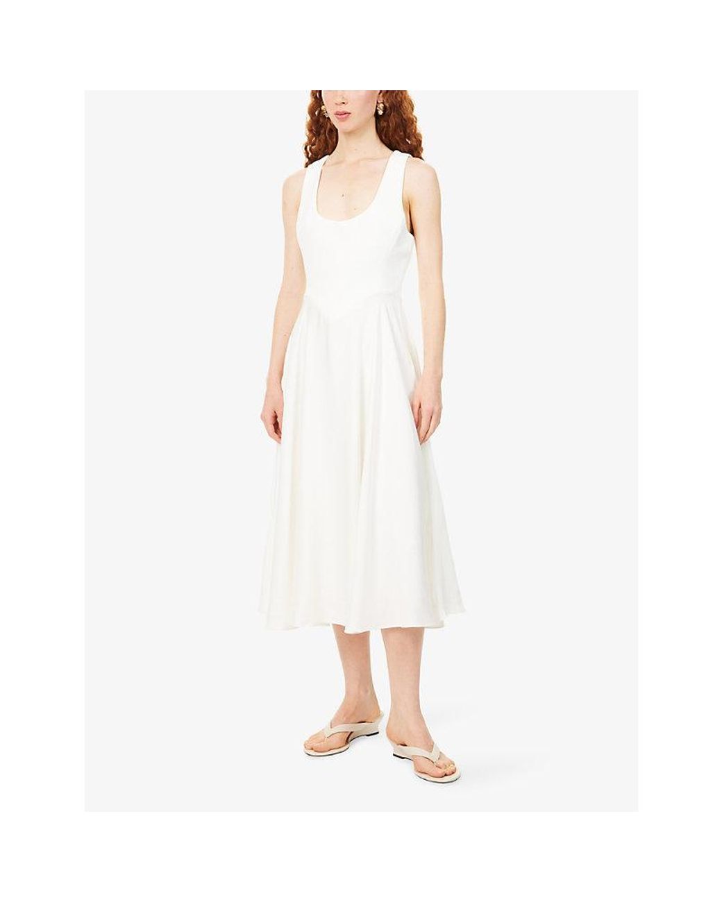Odd Muse White Scoop-Neck Cinched Woven Midi Dress