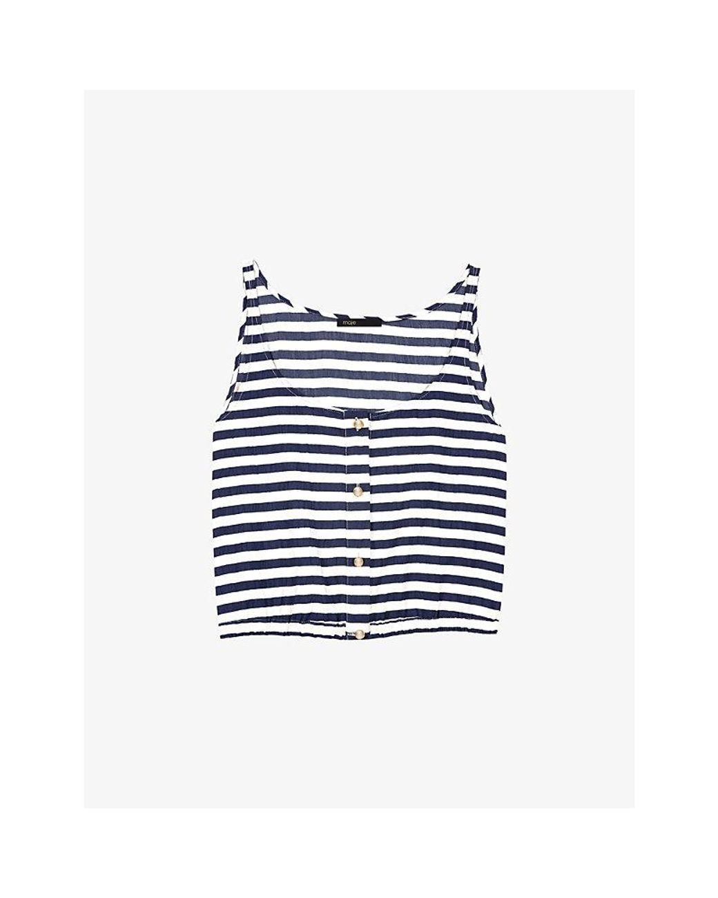 Maje Blue Striped Scoop-Neck Woven Top
