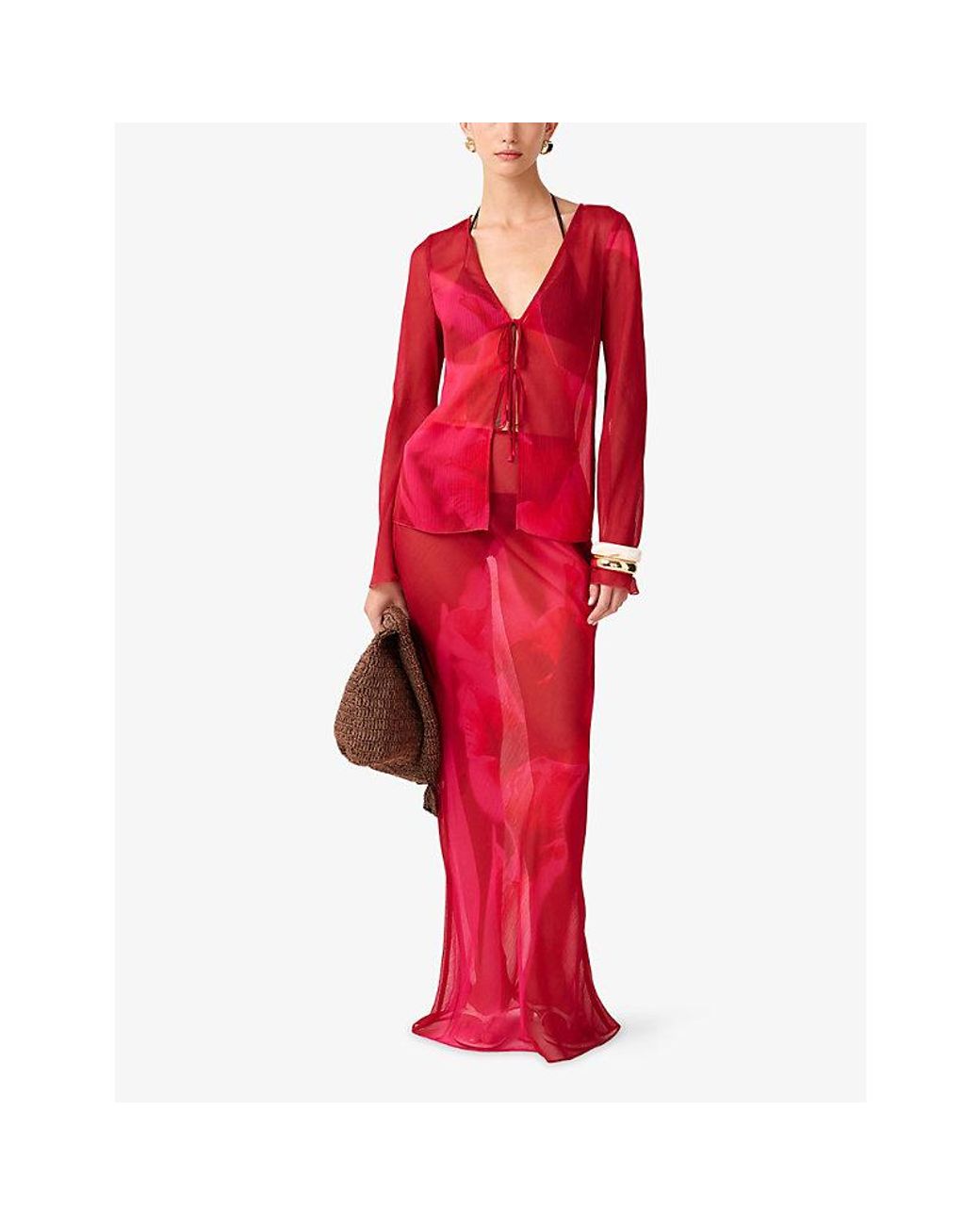 OMNES Red Cierra Floral-Print Chiffon Maxi Skirt