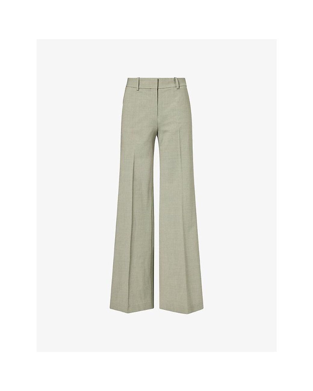 Theory Green Fluid Flare Wide-Leg Wool Trousers